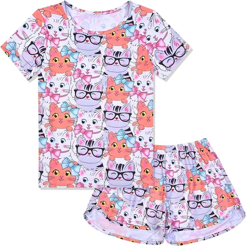 Miniatura 23 de QPANCY Pijamas de verano para niñas, conjuntos de pijamas de manga corta para dormir de verano