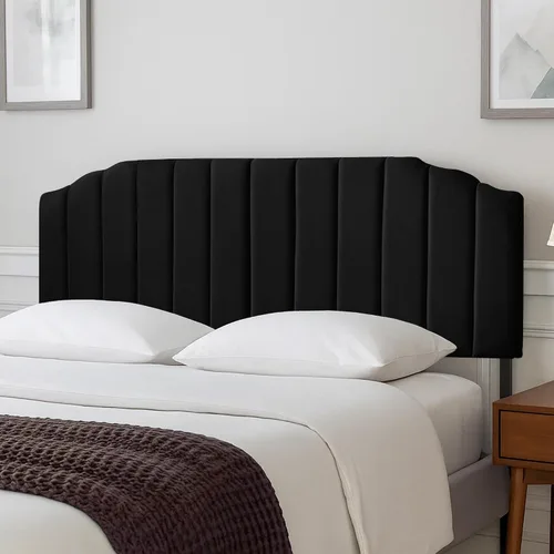 Miniatura 16 de Cabecera tapizada de altura ajustable, cabecera de terciopelo crema, diseño moderno de canal vertical con borde superior de silueta escalonada Beige