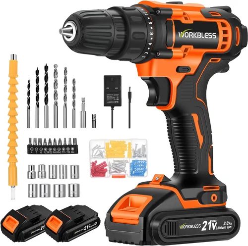 Miniatura 11 de WORKBLESS Juego de Taladro Eléctrico de 21V, Taladro Inalámbrico con Batería y Cargador, Portabrocas sin Llave de 3/8'', Velocidad Variable