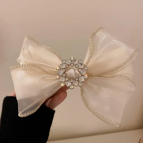 Miniatura 3 de Jumwrit Pinza para el pelo con lazo grande, pasador de pelo con diamantes de imitación, sujeción fuerte, lazo de malla para el cabello, accesorios