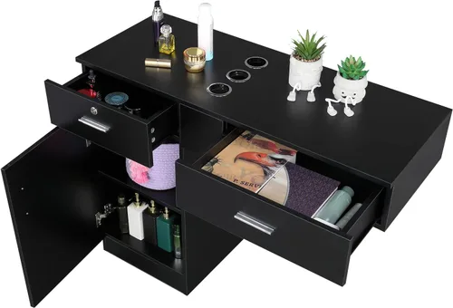 Miniatura 4 de Henf Estación de peluquería para peluquería de montaje en pared, equipo de peluquería, juego de muebles de spa, gabinete de peluquería 2 cajones 1