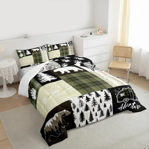 Miniatura 190 de Juego de edredón de cuernos de ciervo tamaño individual, juego de ropa de cama rústica de granja con huellas de oso y pinos para decoración