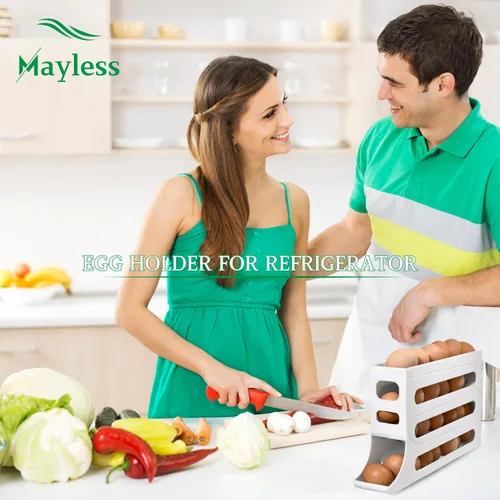 Miniatura 2 de Soporte para huevos con ruedas automáticas para refrigerador, estante organizador de refrigerador (blanco)