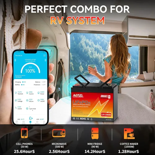 Miniatura 8 de Batería de litio LiFePO4 de 12 V 100 Ah con Bluetooth, BMS integrado, protección a baja temperatura, más de 5000 ciclos, celdas de batería