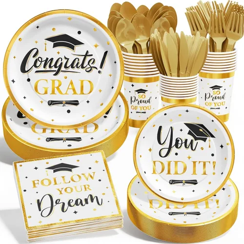 Miniatura 7 de Decoración de graduación clase de 2026, 175 piezas de suministros de fiesta de graduación desechables (sirve 25) con platos de papel, vaso