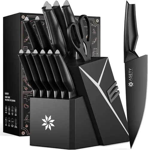 Juego de cuchillos de cocina con bloque - Juego de 15 cuchillos con afilador incorporado, apto para lavavajillas, cuchillos de cocina de acero