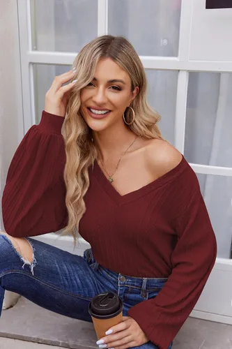 Miniatura 2 de HOTOUCH Women's Long Sleeve Tops V Neck Lantern Sleeve Blouse Dressy Casual Ribbed Knit Tunics Loose Fit Fall Shirts 2023
