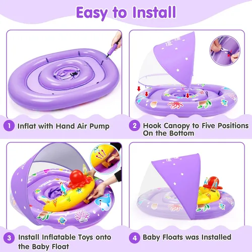 Miniatura 6 de EZIGO Baby Pool Float with Canopy UPF 50+ Sun Protection, Double Air Chambers Infants Swimming Floats with Sound Toys Adjustable Safety Seat Toddler