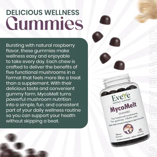 Miniatura 8 de Everé MycoMelt Gummies – Mezcla de 5 hongos con melena de león, reishi, cordyceps, chaga y cola de pavo – Vegano, complejo de hongos a base