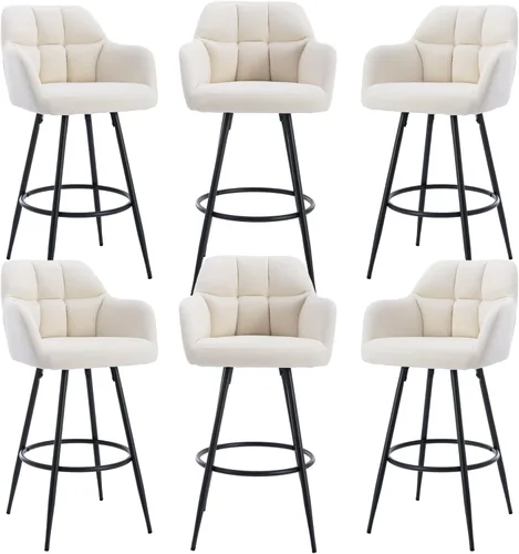 Miniatura 16 de ROCITY Juego de 2 taburetes de bar de terciopelo con respaldo, silla de bar beige para isla de cocina, taburetes de bar modernos con patas de metal