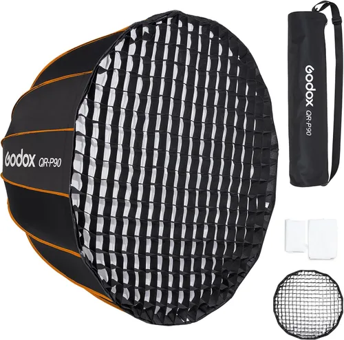 Godox QR-P90 - Caja de luz parabólica profunda de 35 pulgadas (35.4 in) con rejilla Bowens Mount bolsa de transporte de instalación rápida 35.0