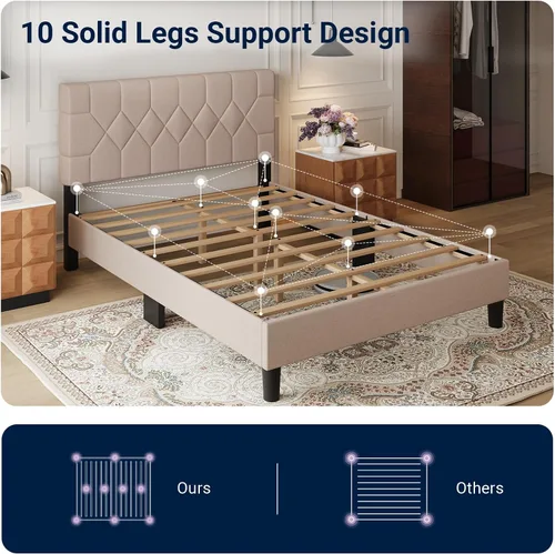 Miniatura 6 de Avenco Base de cama de tamaño matrimonial, base de cama tapizada con cabecera ajustable de 3 alturas, fácil montaje sin herramientas