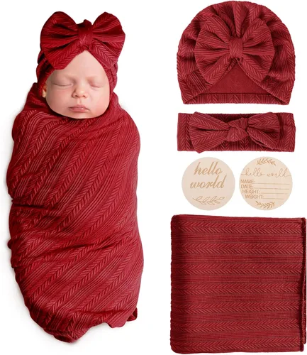 Miniatura 8 de AQOKKA Manta para Recién Nacido con Moño, Juego de Sombrero y Guantes, Tarjeta de Madera para Recién Nacidos, Niños, Niñas, Envoltorio para Envolver