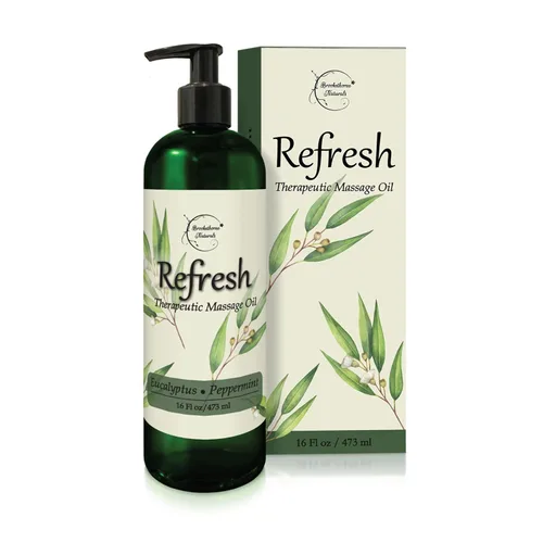 Aceite de masaje refrescante para terapia de masaje con aceites esenciales de eucalipto y menta, todo natural, ideal para dolores musculares. Ideal