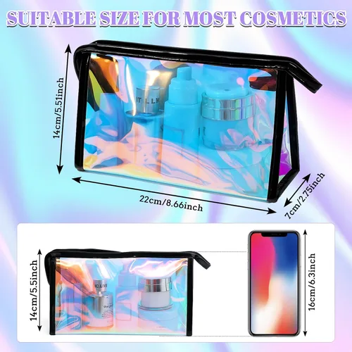Miniatura 2 de BESARME Bolsas de maquillaje holográficas a granel para mujer, bolsa de aseo portátil transparente con cremallera, Negro holográfico
