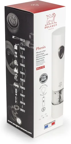 Miniatura 5 de Peugeot PHENIX - Molinillo de sal y pimienta ajustable eléctrico de acero inoxidable lacado blanco, 8 pulgadas