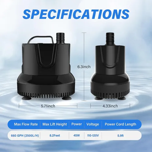 Miniatura 7 de Simple Deluxe 660 GPH 45W Bomba de agua de succión inferior de mesa (2500 L/H) con 3 boquillas para tanque de peces, estanque, acuario