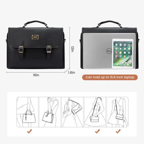 Miniatura 2 de LOVEVOOK Bolsa para computadora portátil para mujer, bonita bolsa de mensajero de poliuretano para trabajo, universidad, color negro