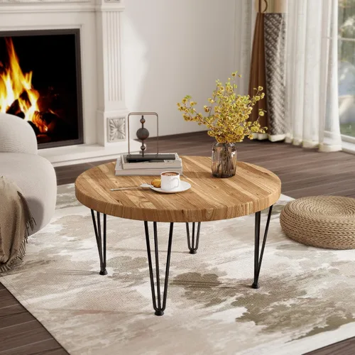 Miniatura 10 de Fun Memories Mesa auxiliar redonda – Mesa anidable de madera de olmo con patas de metal y base antideslizante – Mesas auxiliares rústicas anidables