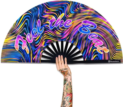 Miniatura 10 de Ventilador plegable grande, ventilador Clack Rave de 13 pulgadas, ventilador de mano para mujeres y hombres con tela de satén de alta calidad, marco