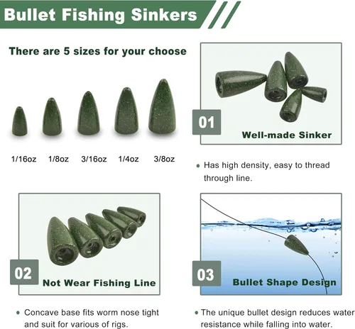 Miniatura 2 de Juego de 68 pesos de pesca con bala, 68 piezas de pesos de gusano pintados, plomos de pesca, pesos de equipo de Texas, juego surtido para pesca