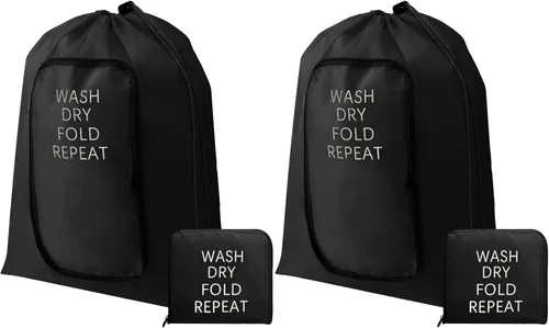 2 piezas de bolsa de lavandería de viaje, lavable, para ropa sucia, con cordón y cremallera para maleta, 22 x 18 pulgadas (negro, clásico)