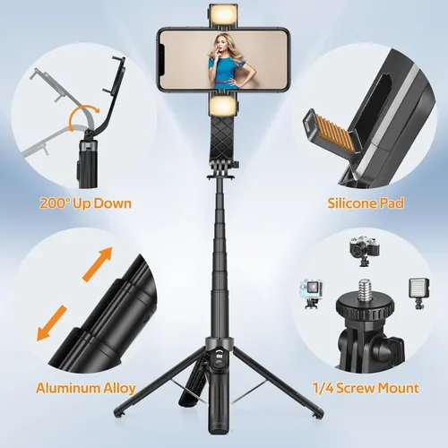 Miniatura 7 de UTEBIT Trípode para selfie stick con luz, soporte de trípode portátil de 40 pulgadas con control remoto inalámbrico, tornillo de 1/4 pulgadas