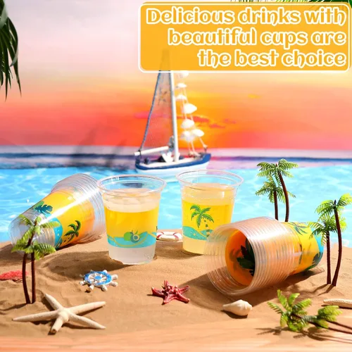Miniatura 4 de Rtteri 100 tazas Luau de 12 onzas, vasos de plástico hawaiano tropical para fiesta, a granel, vasos desechables de palmera de coco y coco