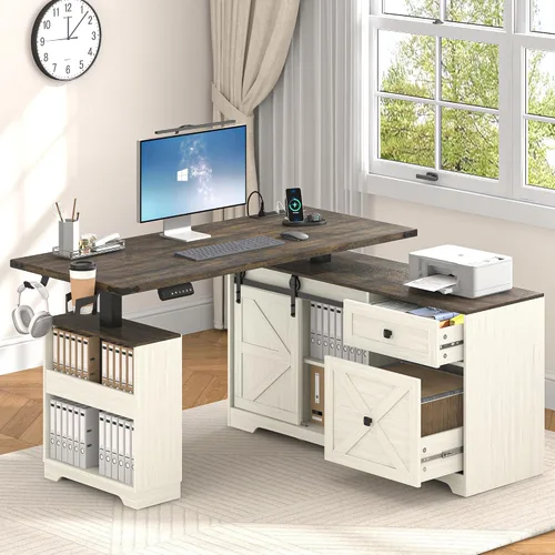 Miniatura 12 de St.Mandyu 55" Farmhouse L Shaped Electric Standing Desk with Sliding Door Storage, Height Adjustable Sit Stand Corner Computer Desk with Power