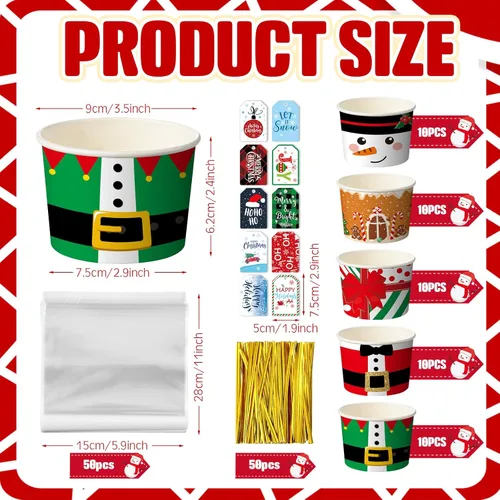 Miniatura 2 de Layhit Juego de cestas de regalo de Navidad, 50 tazas vacías para aperitivos de Navidad, 50 bolsas de celofán transparente, 50 etiquetas de regalo
