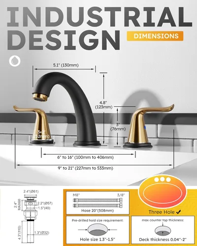 Miniatura 7 de WOWOW Grifo de Baño Extendido Negro y Dorado Grifo de Lavabo de Baño Tocador de 3 Agujeros 2 Manijas Lavabo Grifo Mezclador de 8 Pulgadas