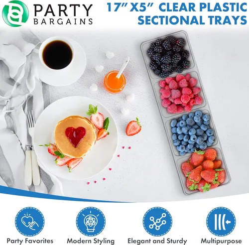 Miniatura 5 de Party Bargains Bandeja rectangular seccional desechable transparente (paquete de 8) de 5 x 16 pulgadas. Bandeja de plástico con 4 compartimentos