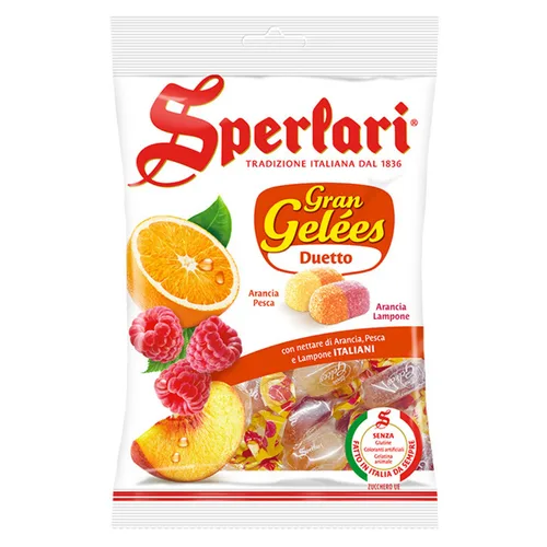 Sperlari Candies Gran Duetto Naranja, Melocotón y Frambuesa Caramelos de Gelatina de Néctar de Frutas Italianos - Sin Gluten, Sin Colorantes