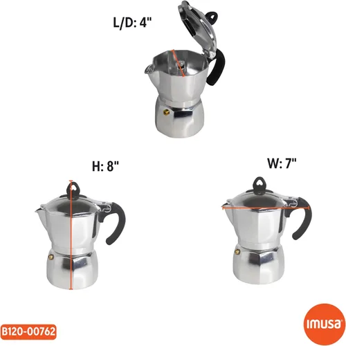 Miniatura 8 de IMUSA USA B120-43V, Cafetera de expreso de aluminio para estufa de 6 tazas, plateada
