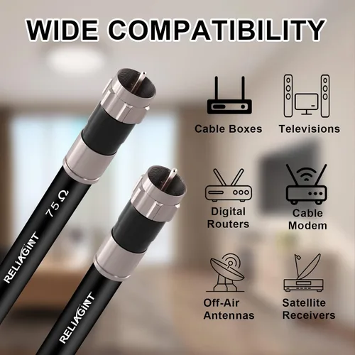 Miniatura 5 de Cable coaxial RG6 de 3 pies negro, cable coaxial de 75 Ohm con conector F y acoplador doble hembra F81, cable de extensión de antena de TV de alta