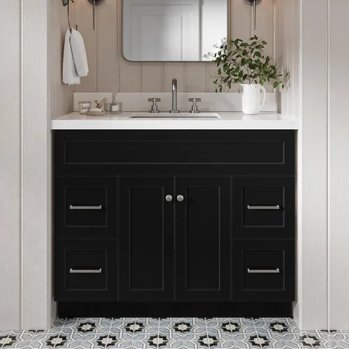 Miniatura 10 de DKB Isabella - Mueble de baño negro de 42 pulgadas con fregadero, lavabo rectangular, encimera de cuarzo blanco puro y protector contra salpicaduras