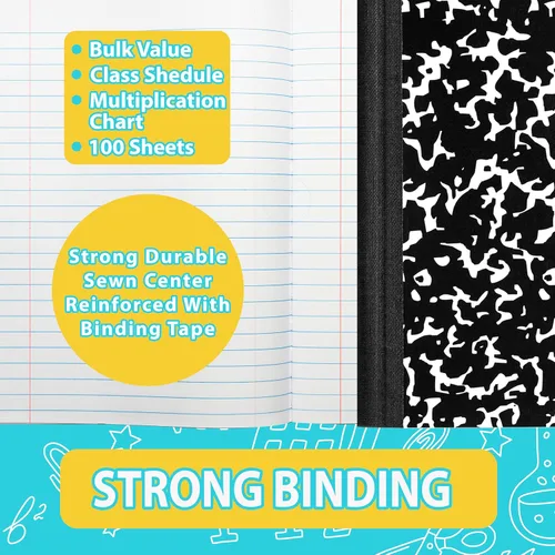 Miniatura 5 de ENVO Cuadernos de composición, Cuaderno de composición de rayas anchas, Cuaderno de composición con cubiertas de mármol negro, 100 hojas, Paquete