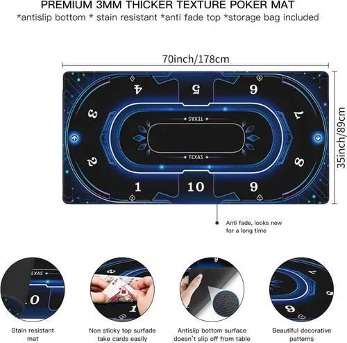 Miniatura 2 de AQQA Tapete de mesa de póquer de lujo de 70 x 35 pulgadas y tablero de póquer, superficie de juego Texas Hold'em de goma para 8-10 jugadores, tapete