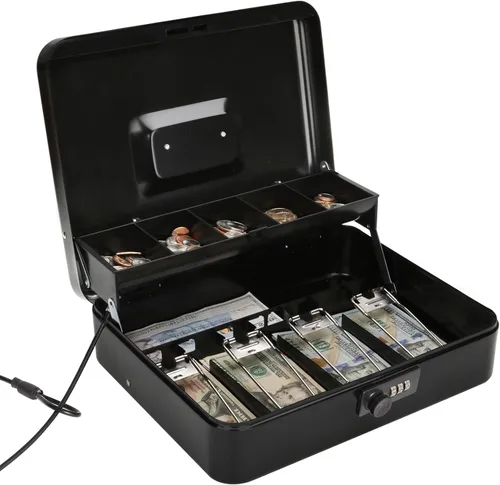 Miniatura 9 de Jssmst - Caja grande de seguridad para dinero con bandeja; caja con cerradura para dinero con cable de seguridad y cerradura de llave, de metal