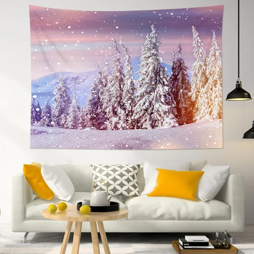 Miniatura 9 de LB Tapiz de Bosque de Nieve de Invierno, Pino Negro y Verde con Copo de Nieve Blanco Tapiz de Pared para Dormitorio, Arte de Pared de Paisaje