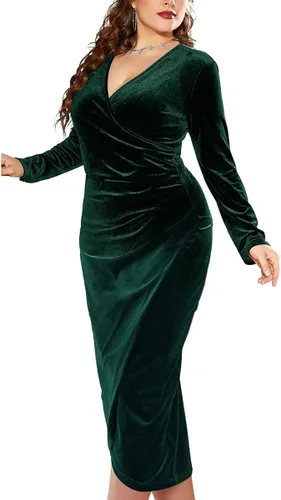 Miniatura 3 de TINSTREE Vestido ajustado de terciopelo de manga larga para mujer, talla grande, sexy, fruncido, cuello en V profundo, vestido de cóctel para fiesta