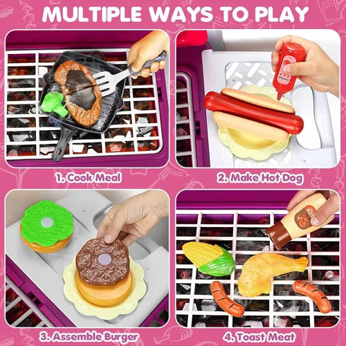 Miniatura 4 de Juguetes de Cocina para Niños, Set de Parrilla BBQ para Jugar con Sonido de Humo y Luz, Juguete de Barbacoa de 2 Capas con Ruedas, Set de Juguetes