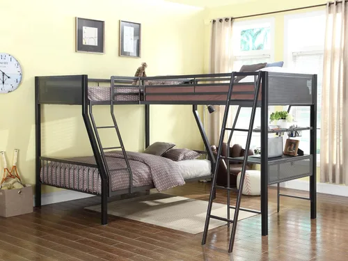 Miniatura 2 de Coaster Home Furnishings Meyers - Litera triple de metal rústico sobre matrimonial sobre individual, base de cama triple con escalera y barandillas