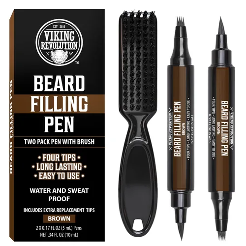 Viking Revolution Bolígrafo para Barba (Paquete de 2) - Relleno de Lápiz de Barba Marrón para Hombre Lápiz para Barba de Hombre - Kit de Bolígrafo