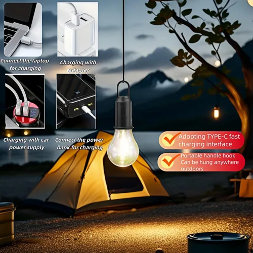 Miniatura 8 de Linterna LED portátil para campamento, gancho para colgar en cualquier lugar, recargable USB-C, 3 modos de brillo, resistente al agua