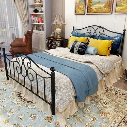 Miniatura 3 de DUMEE Base de cama de metal tamaño matrimonial con cabecera y estribo vintage, almacenamiento debajo de la cama, no necesita somier