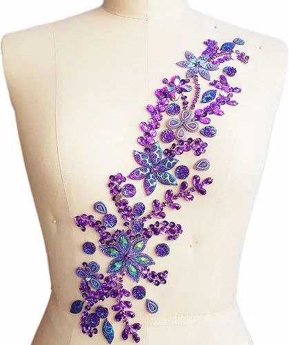 Miniatura 3 de Parches de cristal brillante hechos a mano puro de 3.9 x 16.5 in con diamantes de imitación para coser, apliques con piedras y cuentas de Morado
