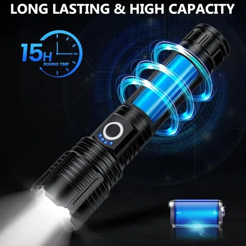 Miniatura 4 de Paquete de 3 linternas recargables de alto lúmenes, 99,000 lúmenes, linterna LED súper brillante, potente luz de flash con 5 modos, linternas