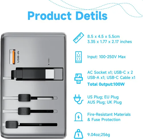 Miniatura 5 de Minthouz Adaptador de viaje universal, adaptador de corriente internacional de 100 W, cargador rápido GaN con 2 USB-C PD, 1 cable USB-C y puertos A