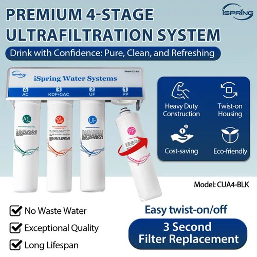 Miniatura 4 de iSpring CUA4-BLK - Sistema de filtro de agua para debajo del fregadero, filtro de agua de ultrafiltración de 4 etapas sin tanque de alta capacidad
